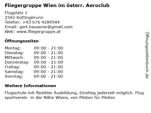 Fliegergruppe Wien im österr. Aeroclub in Kottingbrunn: Adresse und Öffnungszeiten