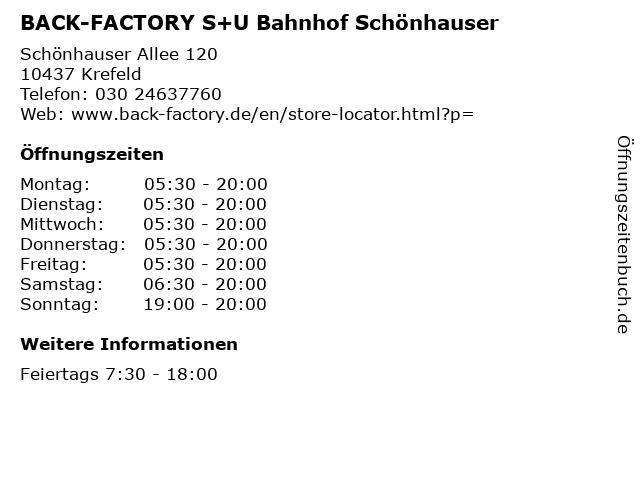 BACK-FACTORY S+U Bahnhof Schönhauser in Krefeld: Adresse und Öffnungszeiten