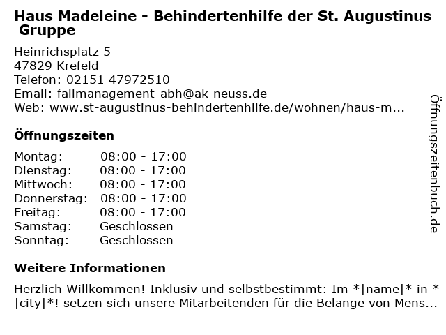 Haus Madeleine - Behindertenhilfe der St. Augustinus Gruppe in Krefeld: Adresse und Öffnungszeiten