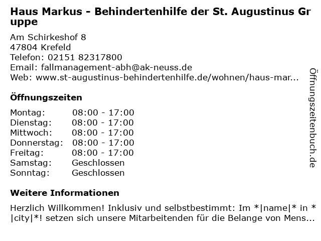 Haus Markus - Behindertenhilfe der St. Augustinus Gruppe in Krefeld: Adresse und Öffnungszeiten