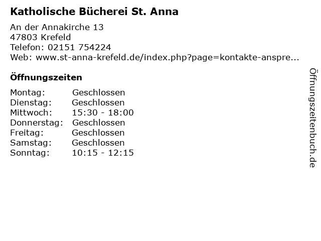 Katholische Bücherei St. Anna in Krefeld: Adresse und Öffnungszeiten