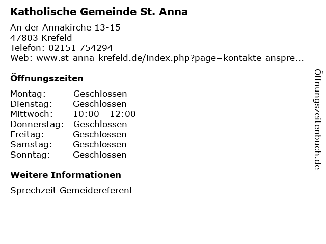 Katholische Gemeinde St. Anna in Krefeld: Adresse und Öffnungszeiten