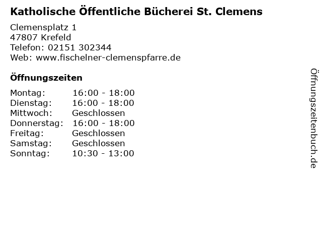 Katholische Öffentliche Bücherei St. Clemens in Krefeld: Adresse und Öffnungszeiten