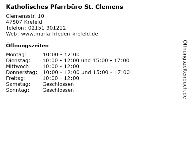 Katholisches Pfarrbüro St. Clemens in Krefeld: Adresse und Öffnungszeiten