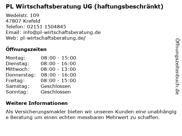 PL Wirtschaftsberatung UG (haftungsbeschränkt) in Krefeld: Adresse und Öffnungszeiten
