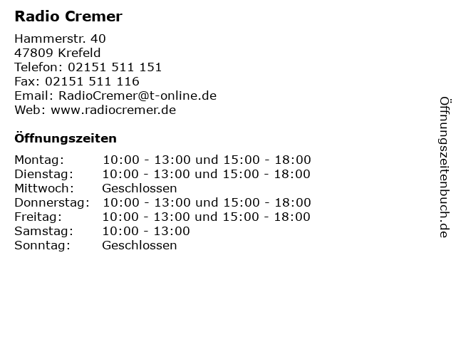 Radio Cremer in Krefeld: Adresse und Öffnungszeiten