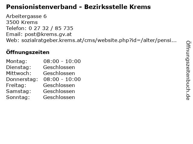 Pensionistenverband - Bezirksstelle Krems in Krems: Adresse und Öffnungszeiten