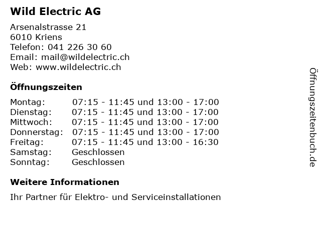 Wild Electric AG in Kriens: Adresse und Öffnungszeiten