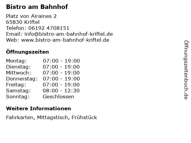 Bistro am Bahnhof in Kriftel: Adresse und Öffnungszeiten