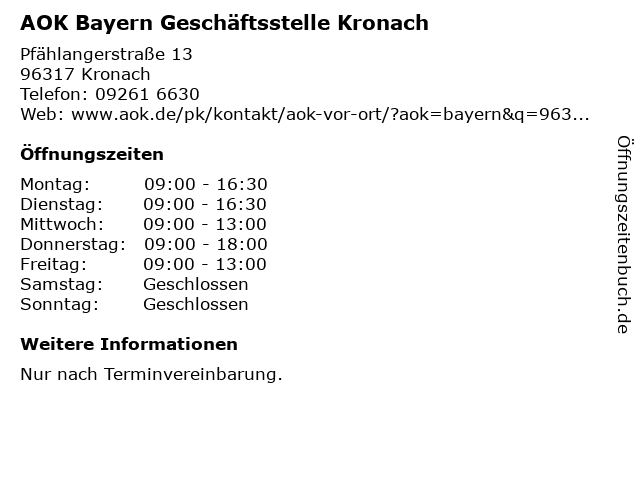 ᐅ Offnungszeiten Aok Bayern Geschaftsstelle Kronach Pfahlangerstrasse 13 In Kronach