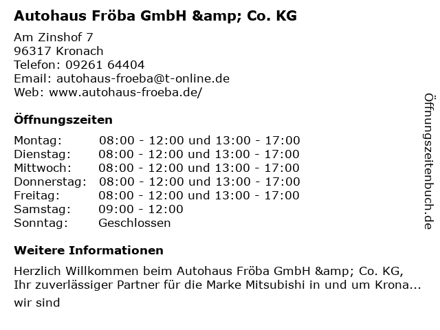 Autohaus Fröba GmbH & Co. KG in Kronach: Adresse und Öffnungszeiten