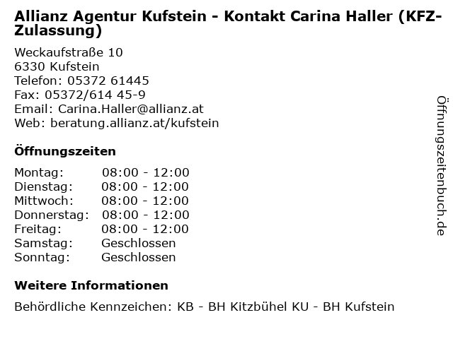 Allianz Agentur Kufstein - Kontakt Carina Haller (KFZ-Zulassung) in Kufstein: Adresse und Öffnungszeiten