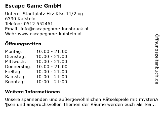 Escape Game GmbH in Kufstein: Adresse und Öffnungszeiten