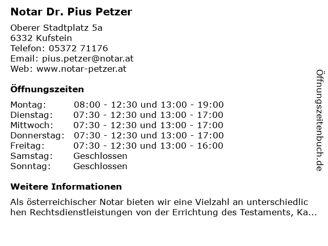 Notar Dr. Pius Petzer in Kufstein: Adresse und Öffnungszeiten