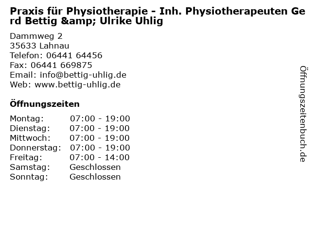 Praxis für Physiotherapie - Inh. Physiotherapeuten Gerd Bettig & Ulrike Uhlig in Lahnau: Adresse und Öffnungszeiten