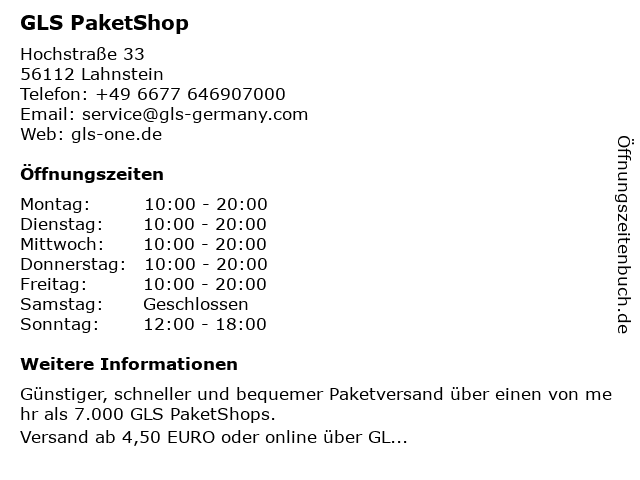 GLS PaketShop in Lahnstein: Adresse und Öffnungszeiten
