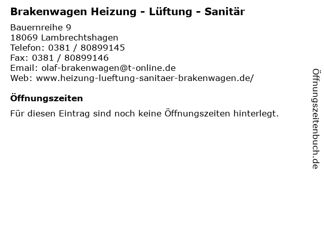 Brakenwagen Heizung - Lüftung - Sanitär in Lambrechtshagen: Adresse und Öffnungszeiten