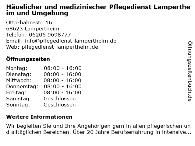 Häuslicher und medizinischer Pflegedienst Lampertheim und Umgebung in Lampertheim: Adresse und Öffnungszeiten