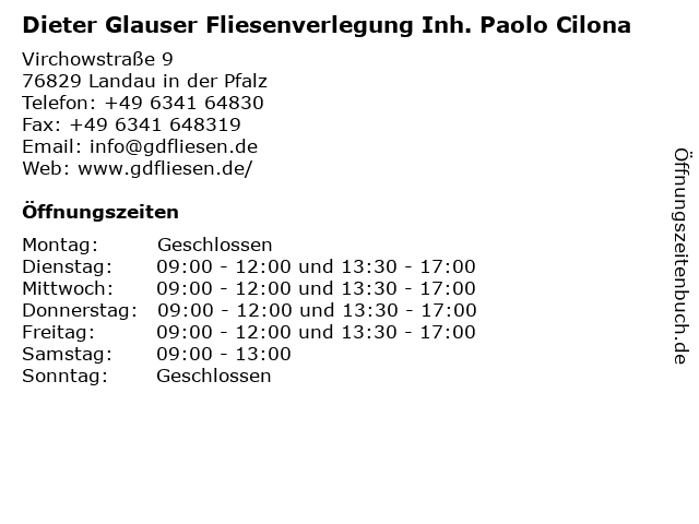 Dieter Glauser Fliesenverlegung Inh. Paolo Cilona in Landau in der Pfalz: Adresse und Öffnungszeiten