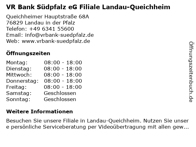VR Bank Südpfalz eG Filiale Landau-Queichheim in Landau in der Pfalz: Adresse und Öffnungszeiten
