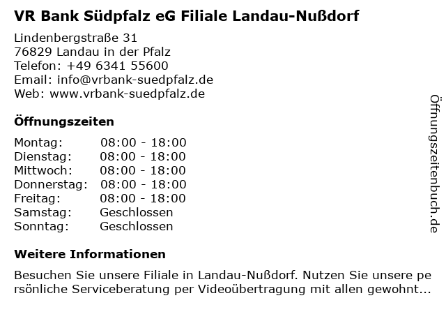 ᐅ Offnungszeiten Vr Bank Sudpfalz Eg Vr Sisy Filiale Landau