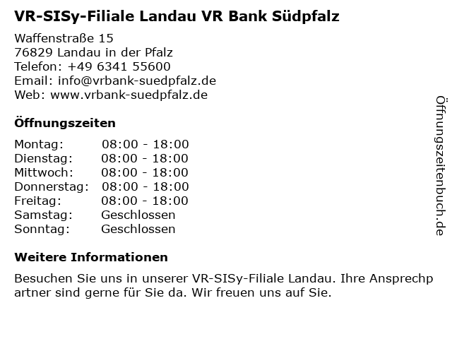 VR-SISy-Filiale Landau VR Bank Südpfalz in Landau in der Pfalz: Adresse und Öffnungszeiten