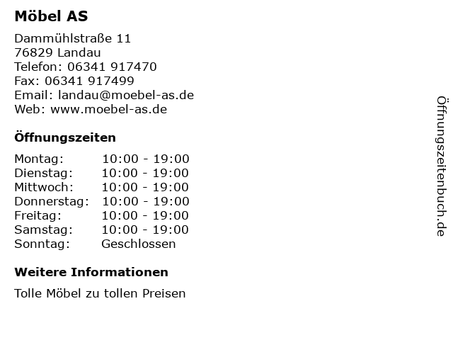 ᐅ Öffnungszeiten „Möbel AS“ Dammühlstraße 11 in Landau