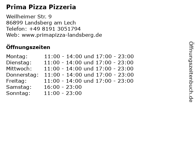 Prima Pizza Pizzeria in Landsberg am Lech: Adresse und Öffnungszeiten