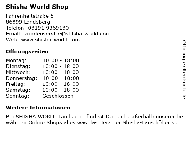 Shisha World Shop in Landsberg: Adresse und Öffnungszeiten