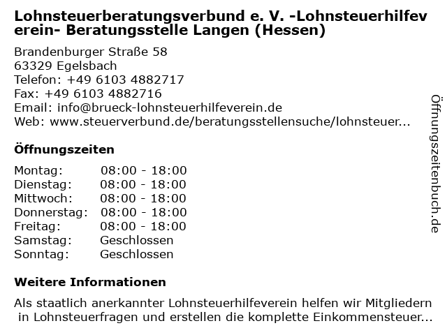ᐅ Offnungszeiten Lohnsteuerberatungsverbund E V Lohnsteuerhilfeverein Beratungsstelle Heinrich Hertz Strasse 5 In Langen Hessen