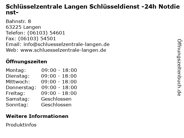Schlüsselzentrale Langen Schlüsseldienst -24h Notdienst- in Langen: Adresse und Öffnungszeiten