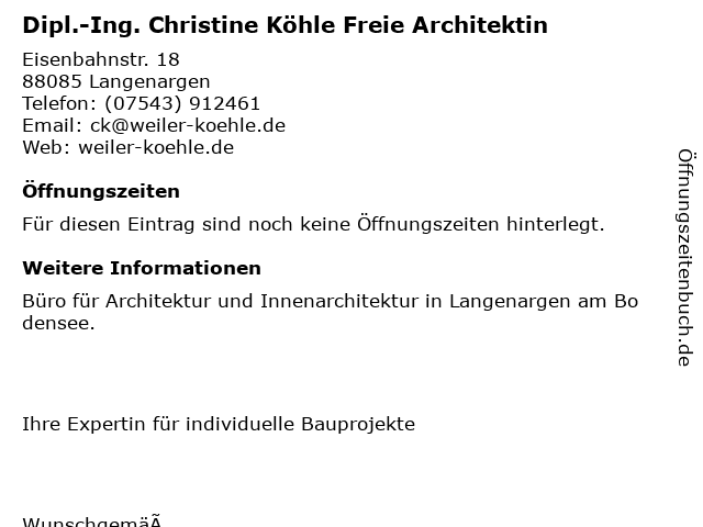 Dipl.-Ing. Christine Köhle Freie Architektin in Langenargen: Adresse und Öffnungszeiten