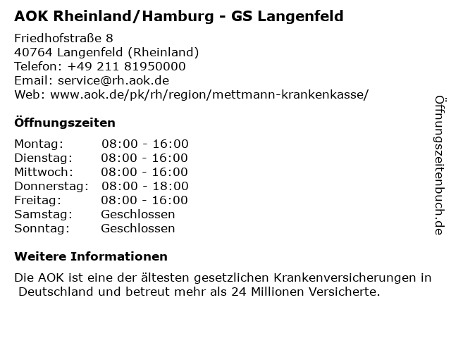 ᐅ Offnungszeiten Aok Rheinland Hamburg Gs Langenfeld Aktuell Nur Mit Termin Friedhofstrasse 8 In Langenfeld Rheinland