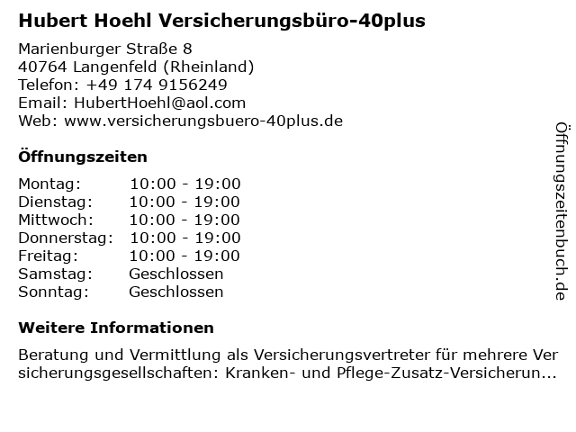 Hubert Hoehl Versicherungsbüro-40plus in Langenfeld (Rheinland): Adresse und Öffnungszeiten