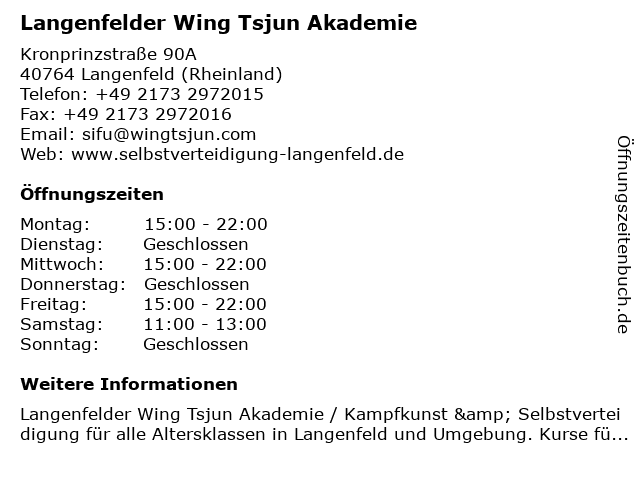 Langenfelder Wing Tsjun Akademie in Langenfeld (Rheinland): Adresse und Öffnungszeiten