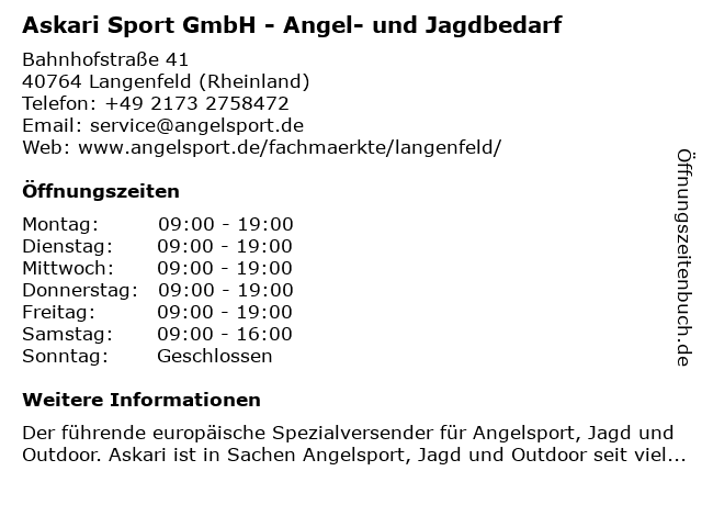 Askari Angelshop/Jagdshop Düsseldorf/Köln (Langenfeld) in Langenfeld: Adresse und Öffnungszeiten