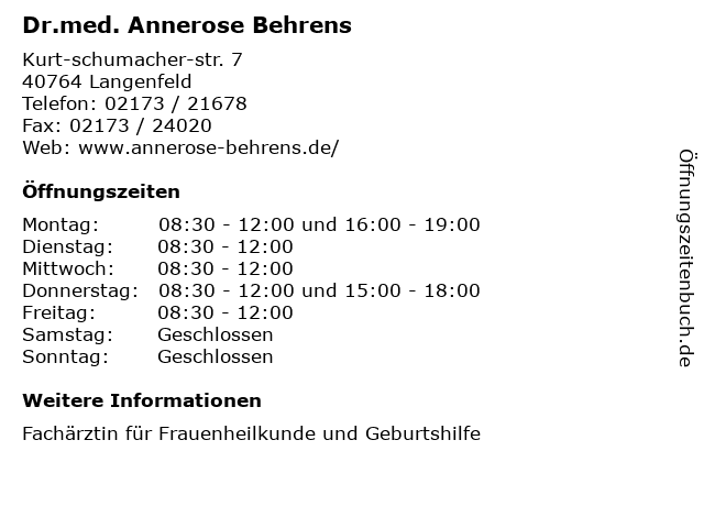 Dr.med. Annerose Behrens in Langenfeld: Adresse und Öffnungszeiten