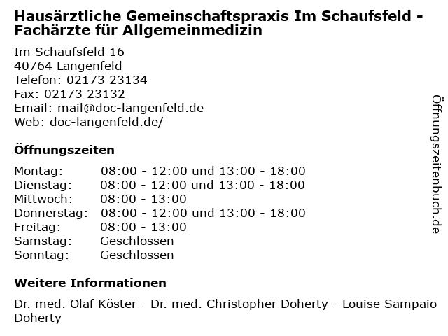 Hausärztliche Gemeinschaftspraxis Im Schaufsfeld - Fachärzte für Allgemeinmedizin in Langenfeld: Adresse und Öffnungszeiten