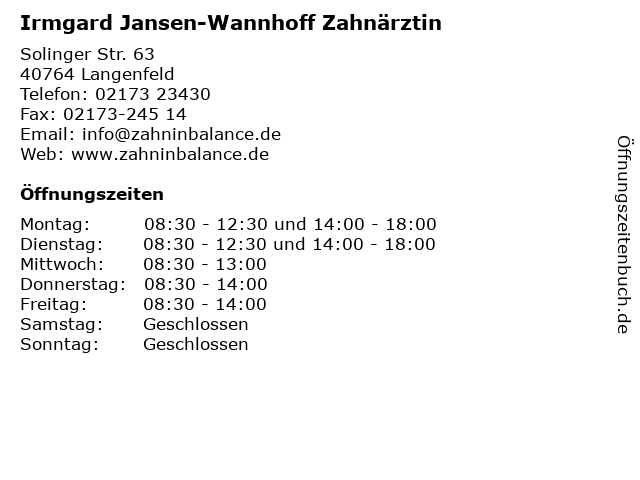 Irmgard Jansen-Wannhoff Zahnärztin in Langenfeld: Adresse und Öffnungszeiten