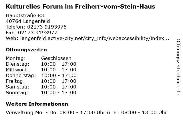 Kulturelles Forum im Freiherr-vom-Stein-Haus in Langenfeld: Adresse und Öffnungszeiten