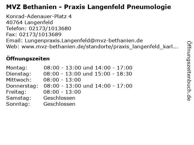 MVZ Bethanien - Praxis Langenfeld Pneumologie in Langenfeld: Adresse und Öffnungszeiten