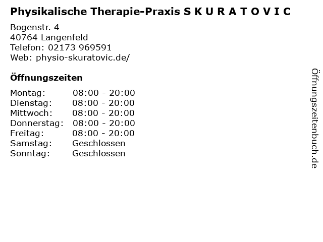 Physikalische Therapie-Praxis S K U R A T O V I C in Langenfeld: Adresse und Öffnungszeiten