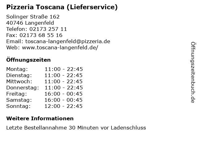 Pizzeria Toscana (Lieferservice) in Langenfeld: Adresse und Öffnungszeiten