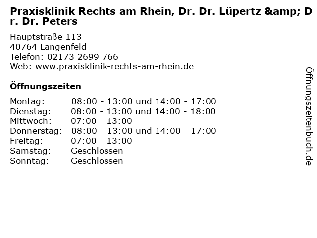 Praxisklinik Rechts am Rhein, Dr. Dr. Lüpertz & Dr. Dr. Peters in Langenfeld: Adresse und Öffnungszeiten
