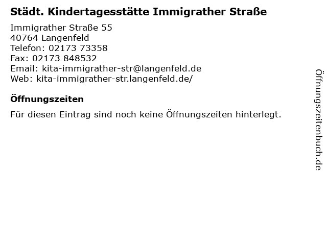 Städt. Kindertagesstätte Immigrather Straße in Langenfeld: Adresse und Öffnungszeiten