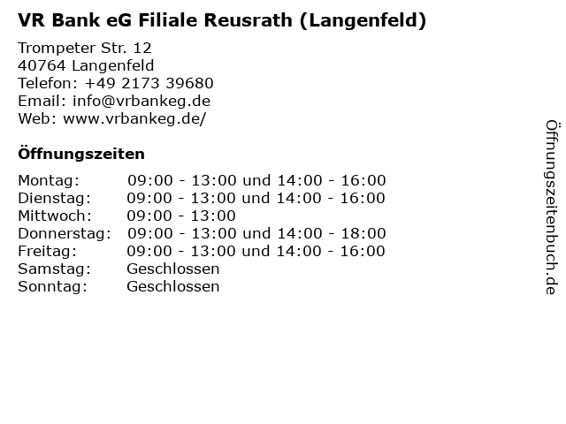 VR Bank eG Filiale Reusrath (Langenfeld) in Langenfeld: Adresse und Öffnungszeiten