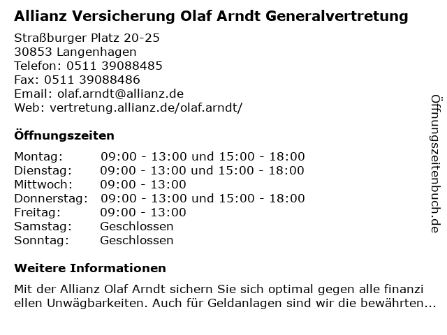 Allianz Versicherung Olaf Arndt Generalvertretung in Langenhagen: Adresse und Öffnungszeiten