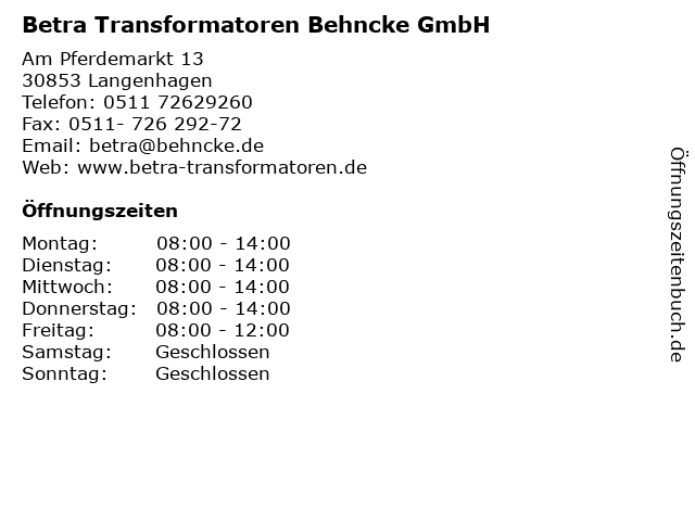 Betra Transformatoren Behncke GmbH in Langenhagen: Adresse und Öffnungszeiten