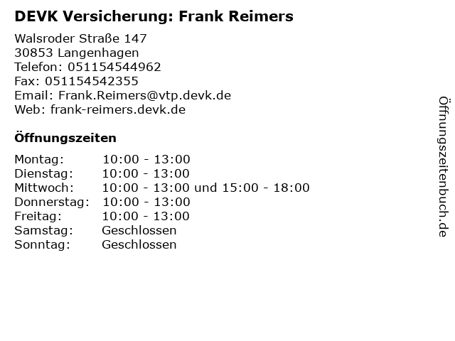 DEVK Versicherung: Frank Reimers in Langenhagen: Adresse und Öffnungszeiten