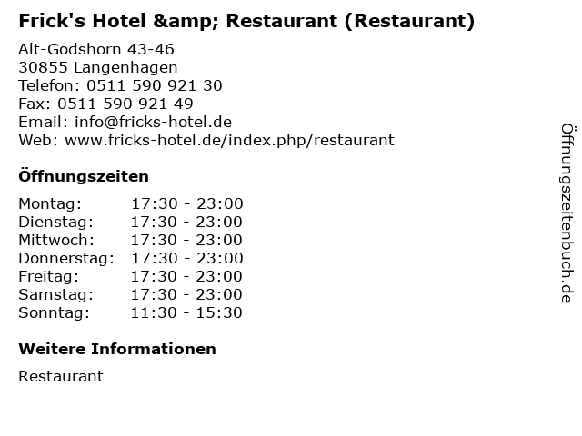 Frick's Hotel & Restaurant (Restaurant) in Langenhagen: Adresse und Öffnungszeiten